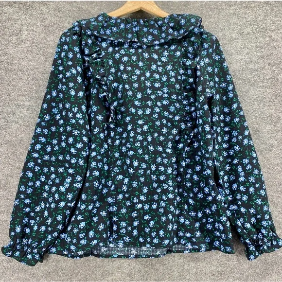 Loft Blouse Women S Small Black Floral V-Neck Tasseled Long Sleeve Pullover - Picture 2 of 7